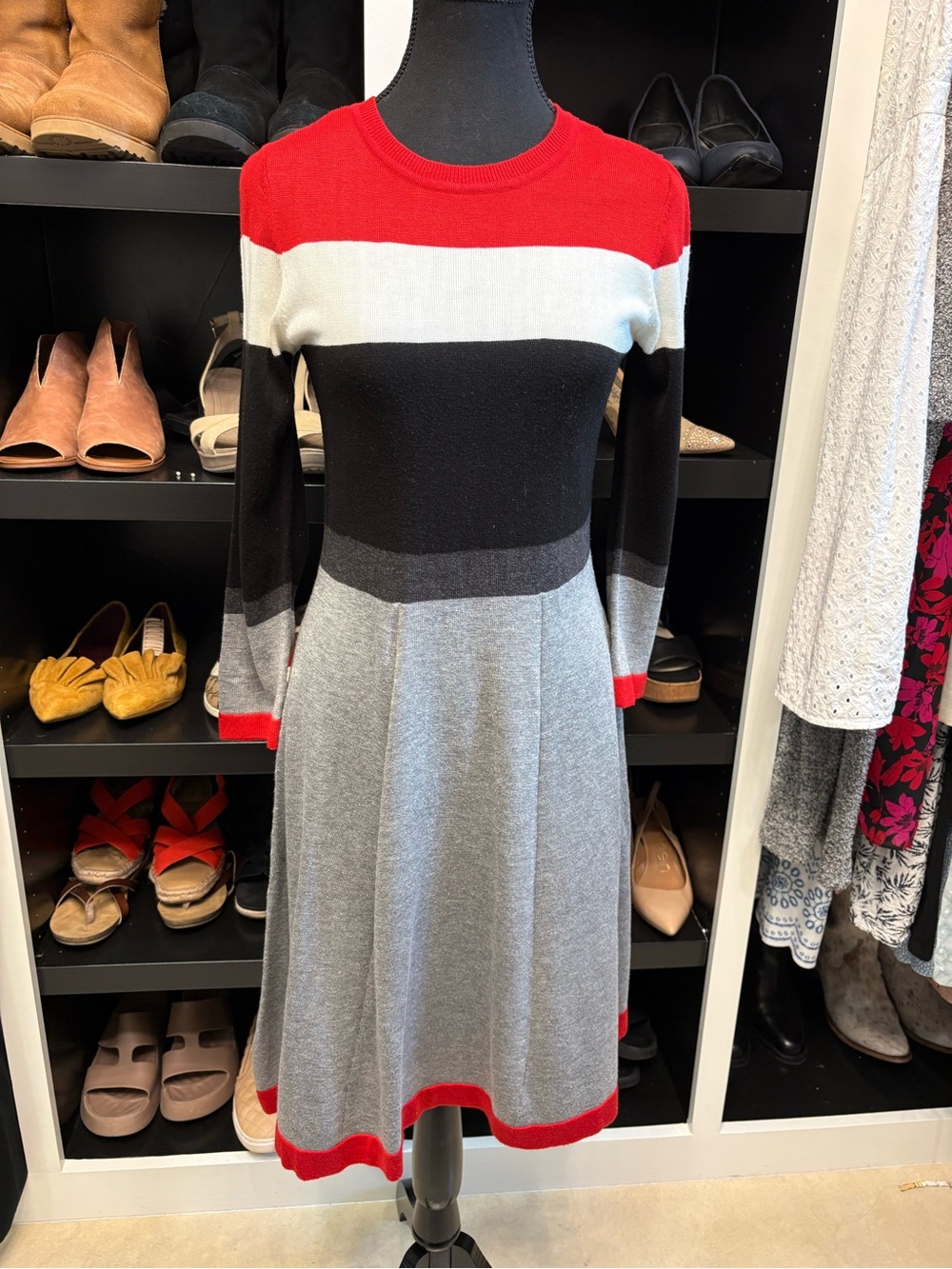 Striped Fit-and-Flare Long Sleeve Dress in Red, Black & Gray